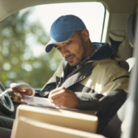 A delivery man reads addresses while sitting in a delivery van.