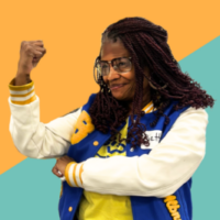 An African American woman wearing a letterman jacket curls a fist in the pose of Rosie the Riveter on a teal and yellow background.